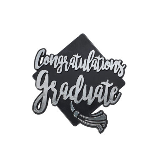 Black graduation cap topper with silver “Congratulations Graduate” text and tassel.