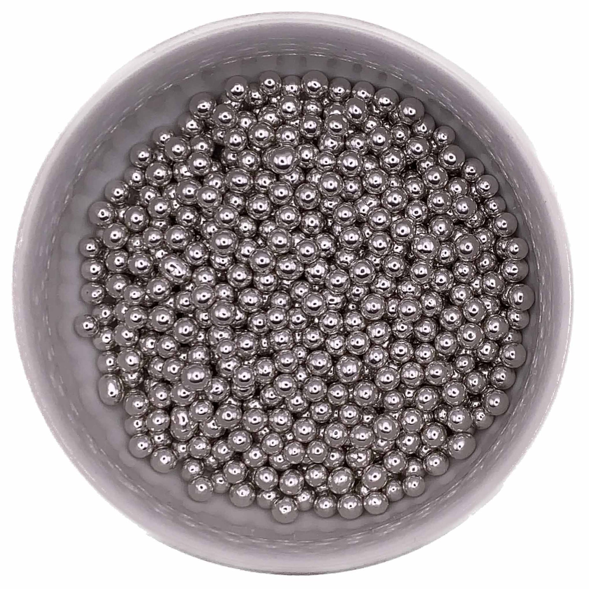 Silver 4mm dragees in a round container, showing small metallic decorative balls used for cake and cookie decoration.