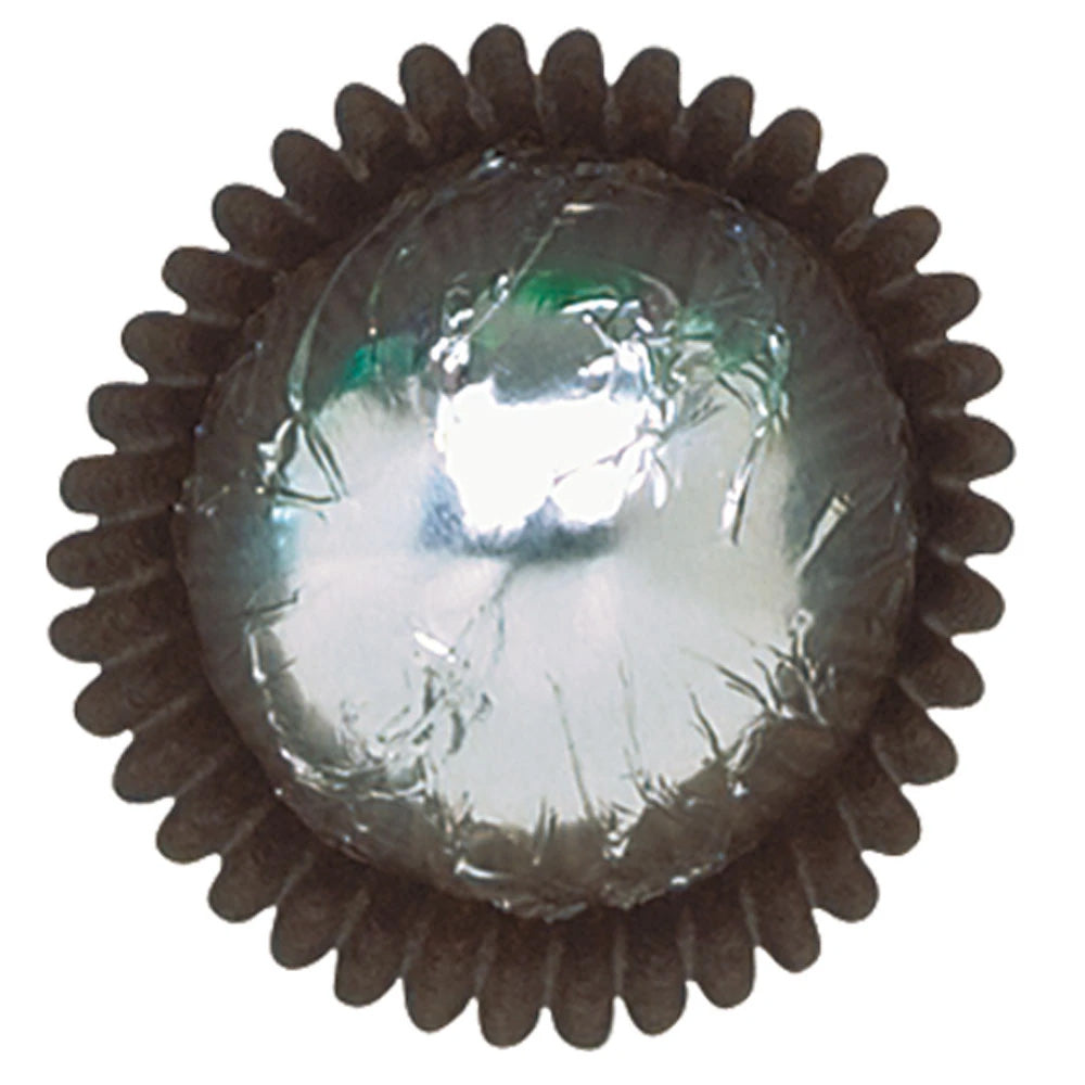 Close-up of a silver foil-wrapped chocolate in a dark brown paper candy cup, showing bright reflective silver foil with crinkles.