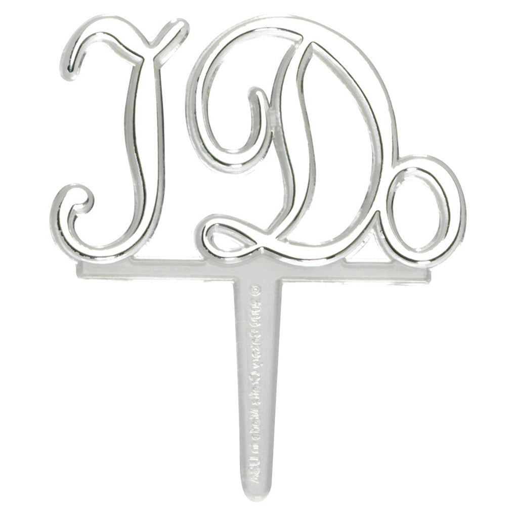 Clear plastic cupcake pick topped with silver “I Do” script lettering and decorative curls, shown against a white background.