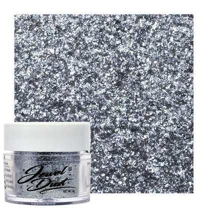 Silver gray Jewel Dust edible glitter jar with metallic shimmer swatch for cake decorating, cookies, and desserts.