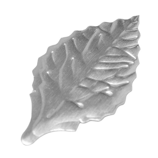 Metallic silver foil rose leaf cake decoration with sculpted veins, serrated edges, and a curved shape, sold in a 144-count package.