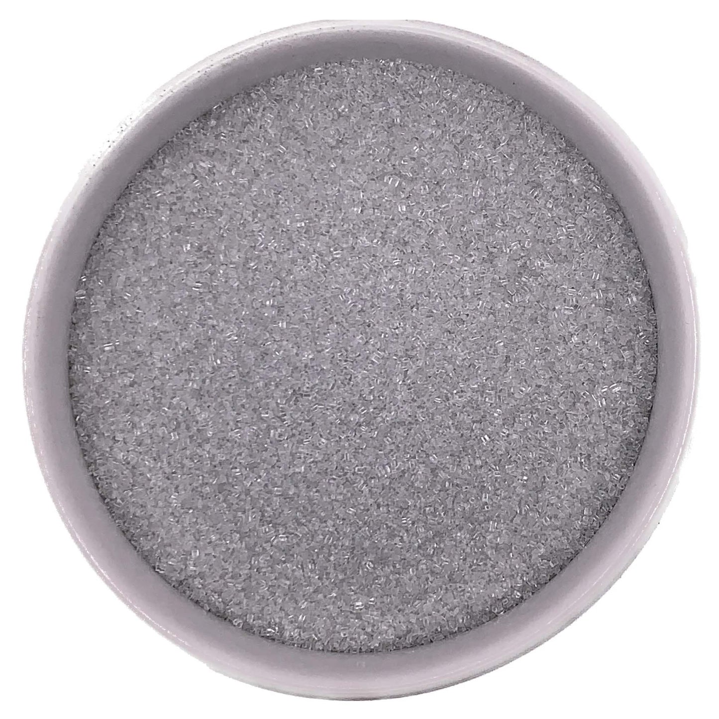 Top-down view of a white bowl filled with silver fine sanding sugar, showing tiny clear-to-silver crystals with a cool, metallic-looking shimmer.