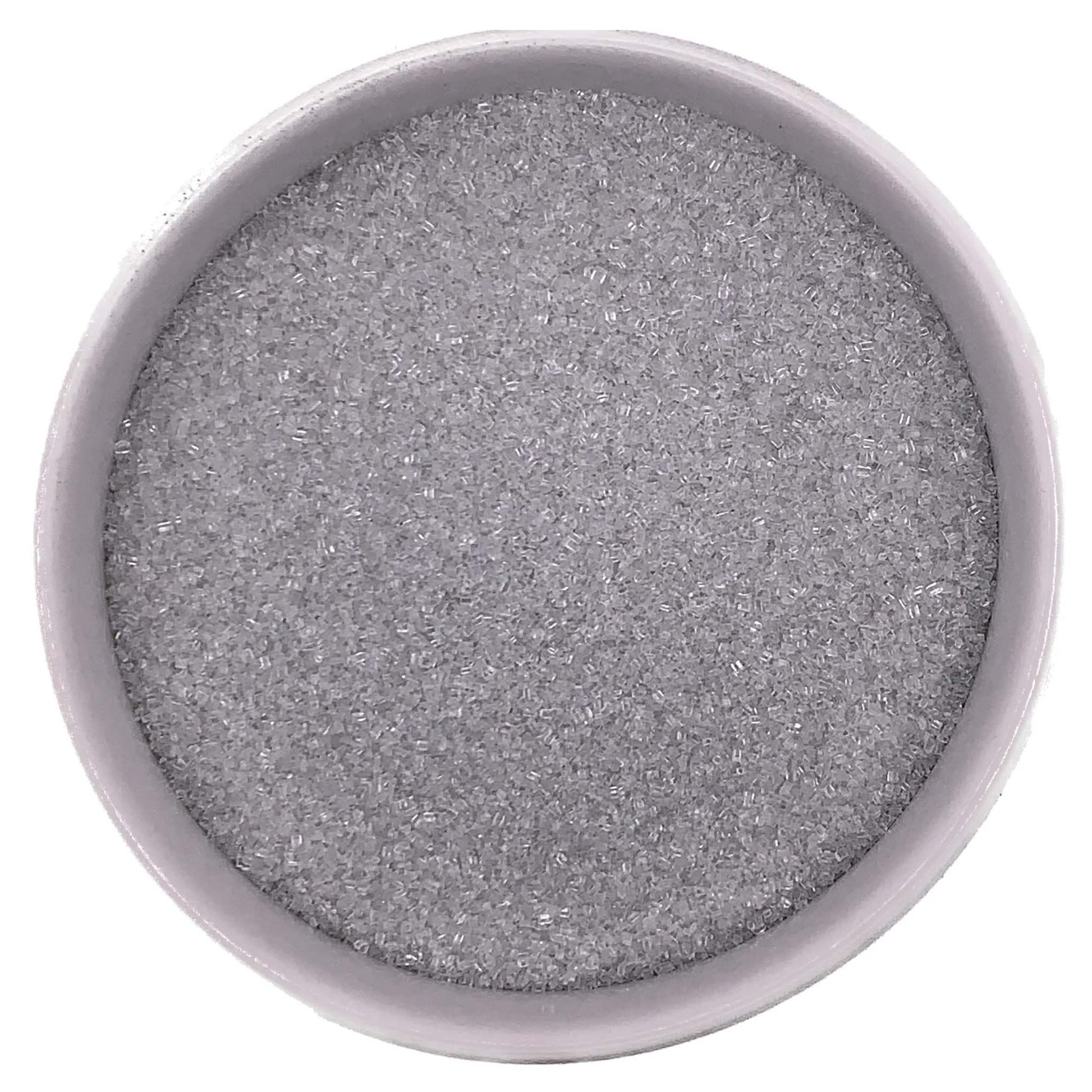 Top-down view of a white bowl filled with silver fine sanding sugar, showing tiny clear-to-silver crystals with a cool, metallic-looking shimmer.