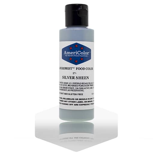 Bottle of AmeriColor Silver Sheen AmeriMist Airbrush Food Color, 4.5 oz, featuring metallic silver spray-on color for decorating desserts.
