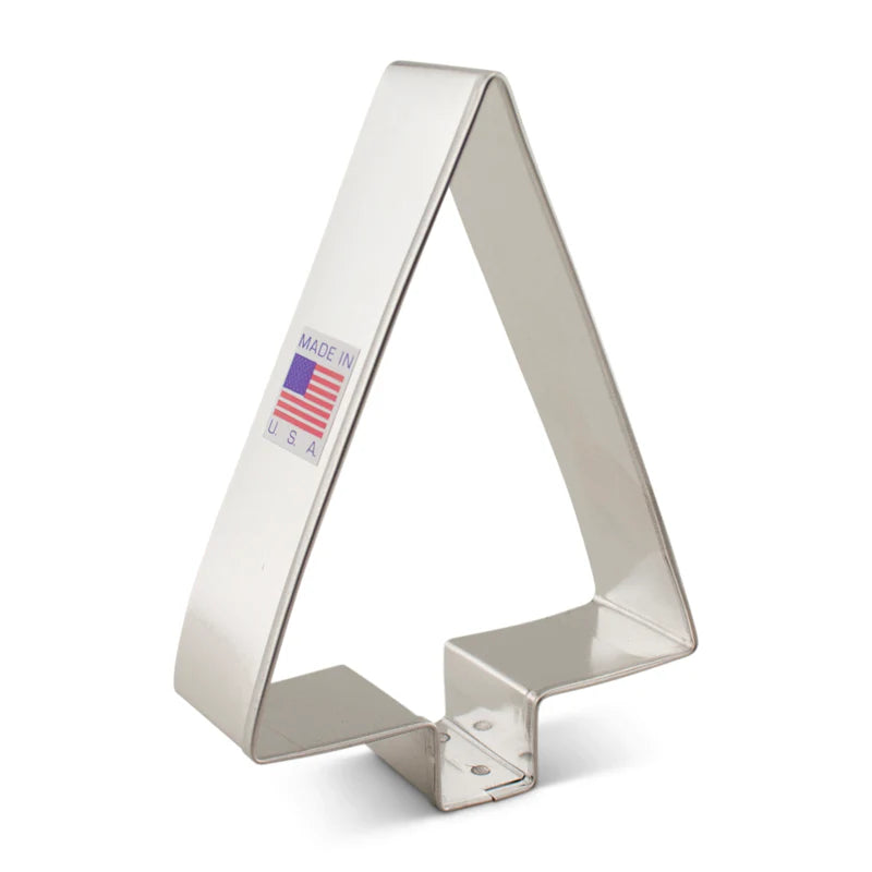 Metal Simple Tree cookie cutter with a triangular shape and sturdy construction, featuring a 'Made in USA' label on the side.