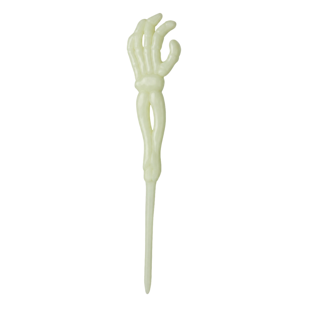 Skeleton hand cupcake pick with a long pointed stem, shown on a white background.