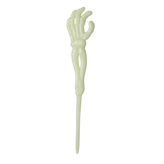 Skeleton hand cupcake pick with a long pointed stem, shown on a white background.
