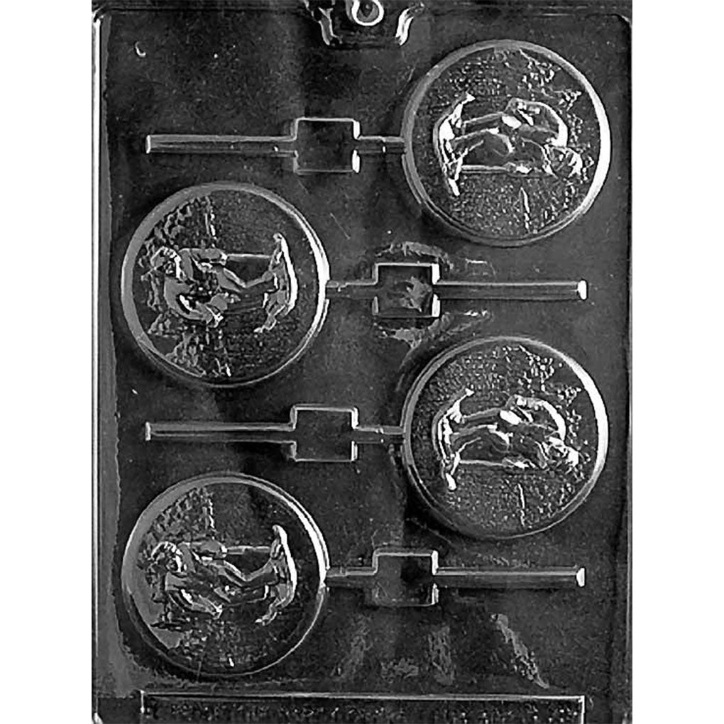 Four-cavity skiing chocolate lollipop mold with 2 5/8-inch round downhill skier designs, textured backgrounds, and stick channels