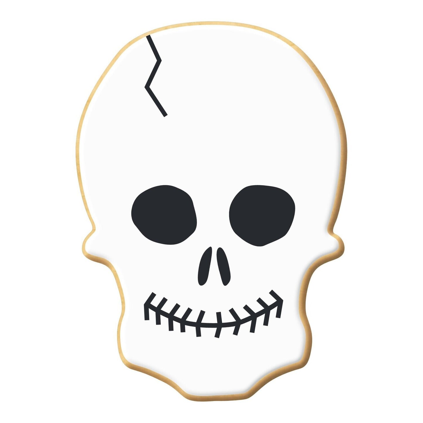 Decorated skull-shaped cookie with white icing and black details, made using a 3.25-inch skull cookie cutter.