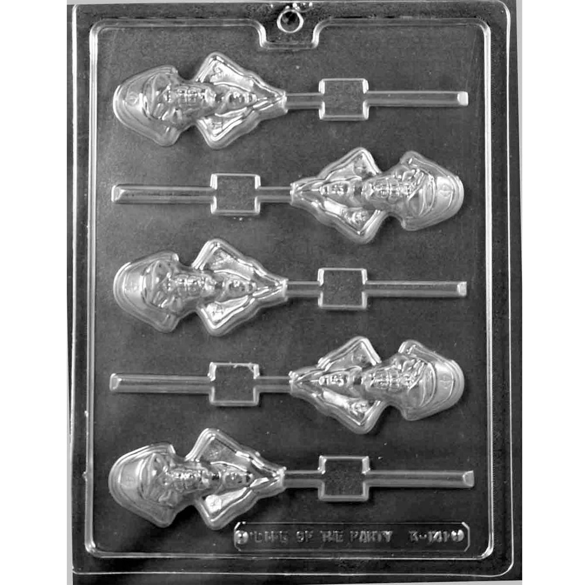 Five-cavity skull pirate chocolate lollipop mold with raised facial details and stick channels for 3-inch chocolate pops