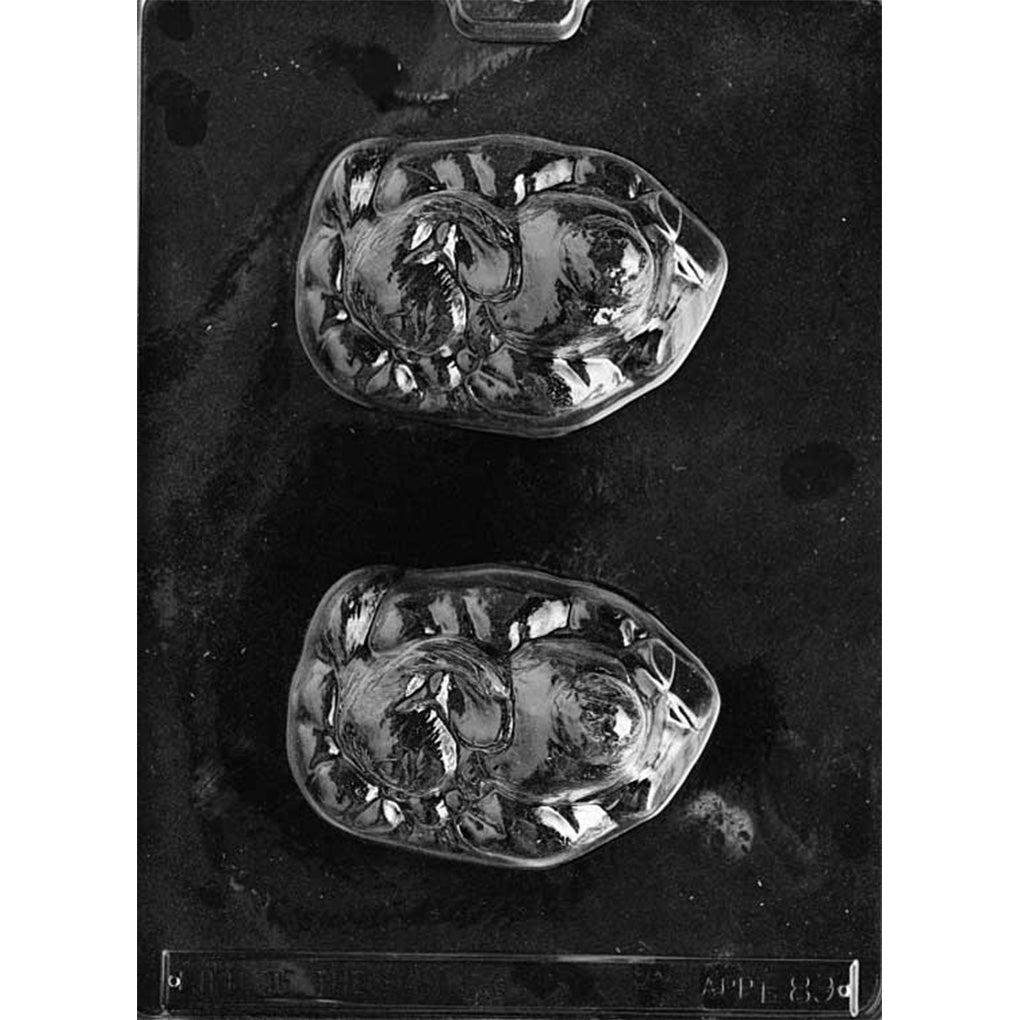 Clear plastic sleeping bunny chocolate mold with two large cavities shaped like a curled-up rabbit in a resting pose, showing sculpted fur and facial details.