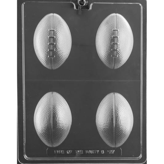 Clear plastic four-cavity Small 3D Football Chocolate Mold with two laced front halves and two textured back halves measuring 3 3/8 inches long