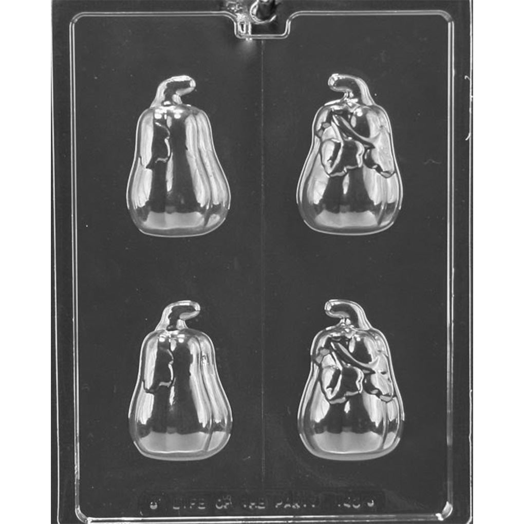 Clear Small 3D Pumpkin Chocolate Mold photographed against a black background with two detailed pumpkin front cavities and two matching back halves featuring rounded shapes and curved stems.