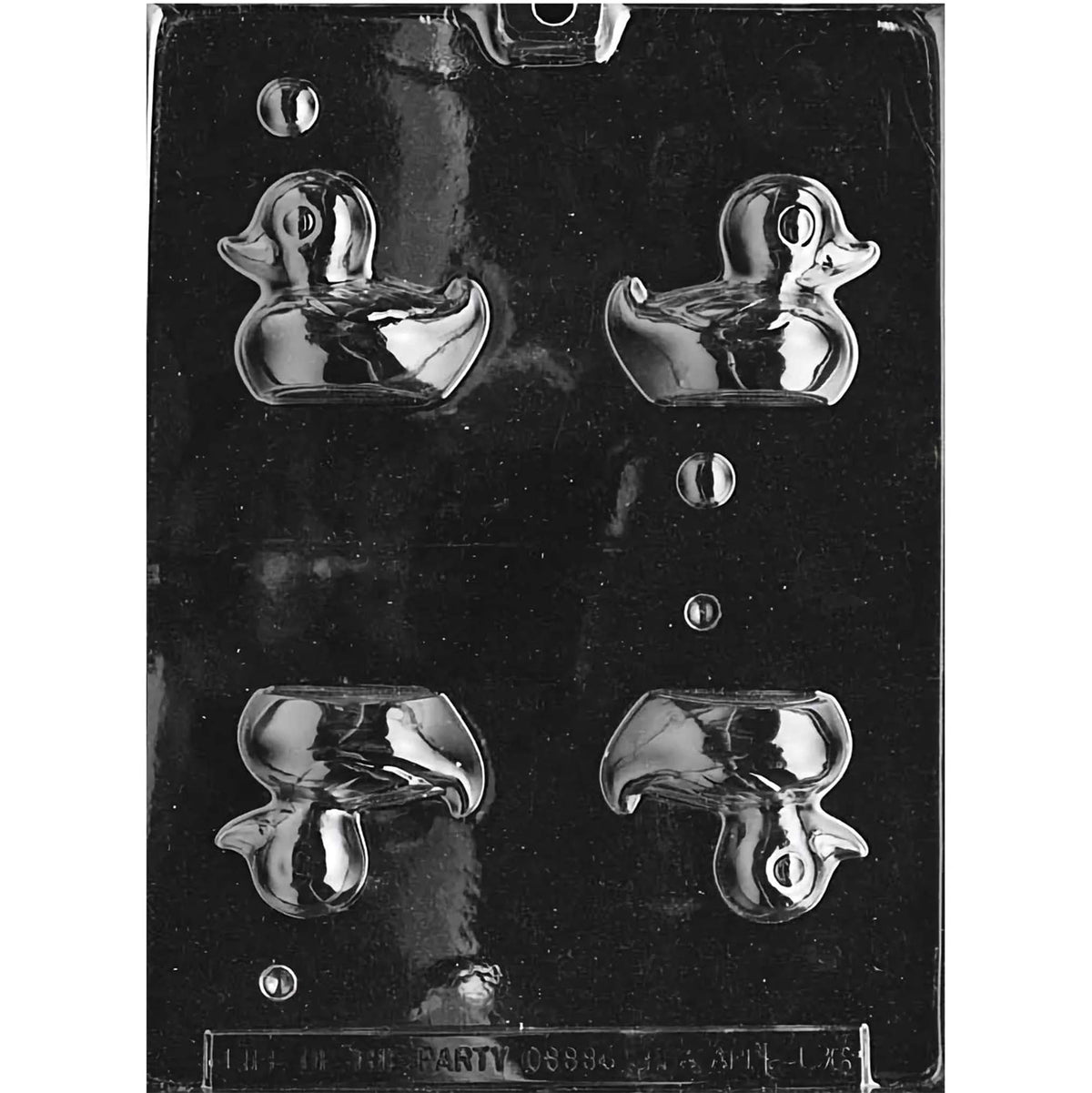 Chocolate mold with four mirrored rubber duck half cavities for creating two small freestanding 3D duck figures