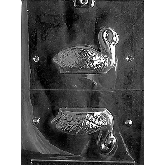 Two-part chocolate mold with opposing swan cavities for creating one small freestanding 3D dessert swan