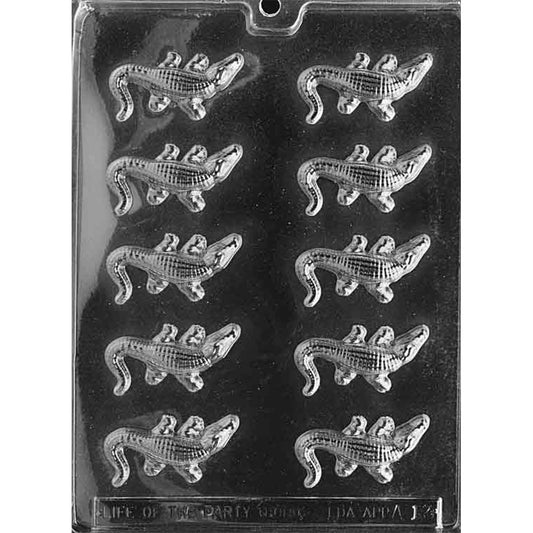 Clear plastic small alligator chocolate mold with ten cavities featuring long snouts, ridged backs, four legs, and curved tails