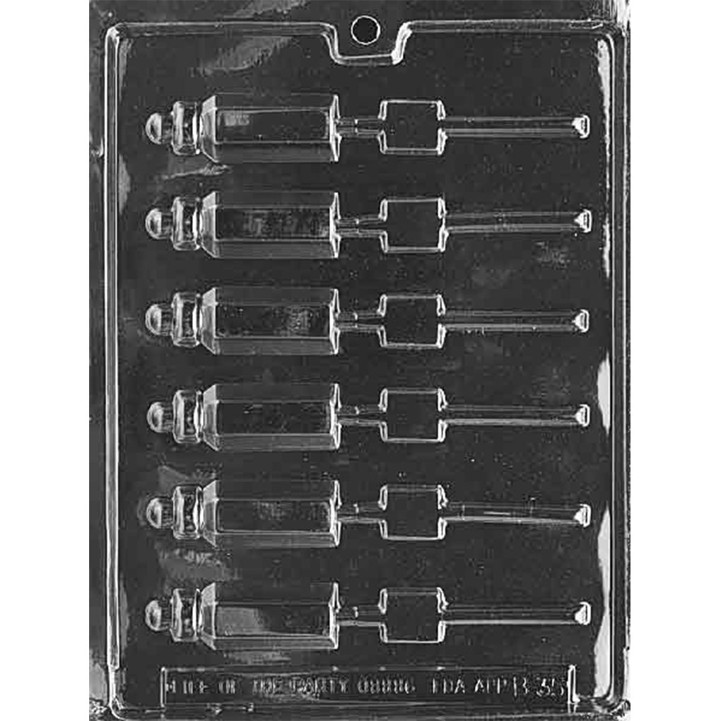 Clear plastic chocolate lollipop mold with six small baby bottle cavities and long stick channels.