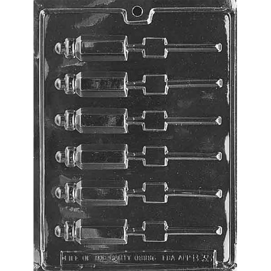 Clear plastic chocolate lollipop mold with six small baby bottle cavities and long stick channels.
