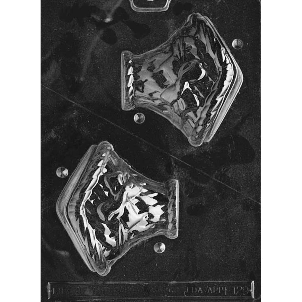 Clear plastic small 3D basket chocolate mold showing two basket half cavities with woven texture and flared rims, designed to be cut and assembled into one basket.