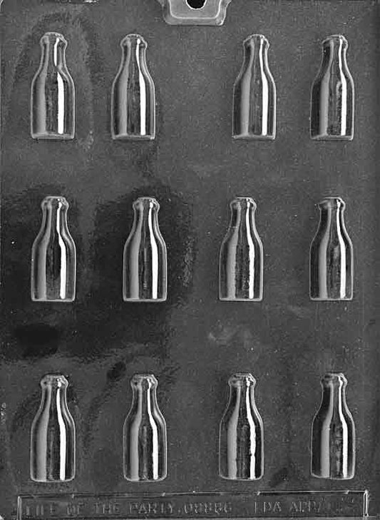 Clear plastic chocolate mold with twelve bottle-shaped cavities arranged in a grid pattern, used for making candy or chocolate.