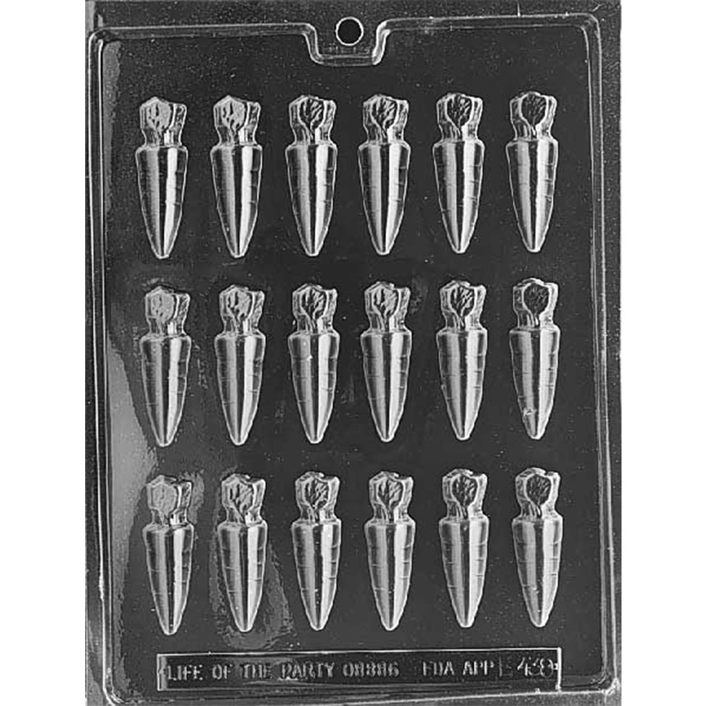 Eighteen-cavity small carrots chocolate mold with tapered bodies, root lines, and leafy tops measuring approximately 2 5/16 x 5/8 x 5/16 inches each