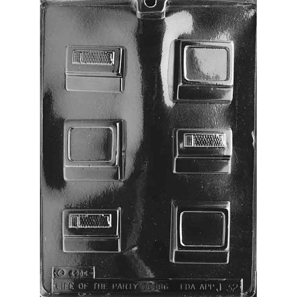 Clear plastic Small Vintage Computer Chocolate Mold with six cavities forming three matching sets of computer monitors and keyboard bases