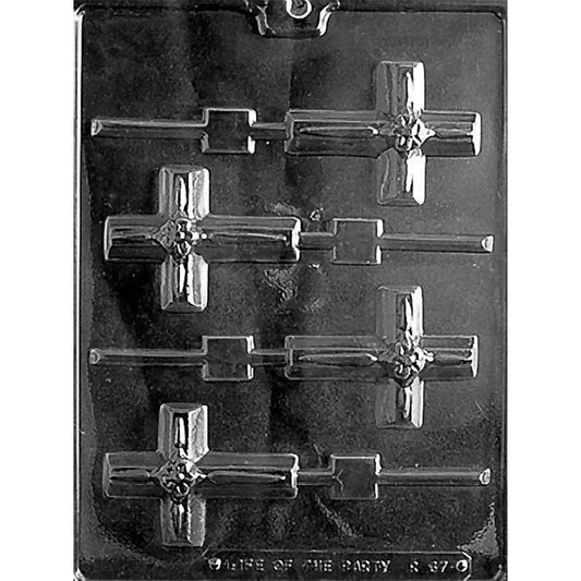 Small floral cross chocolate lollipop mold with four beveled cross cavities, raised flower accents, and built-in stick channels