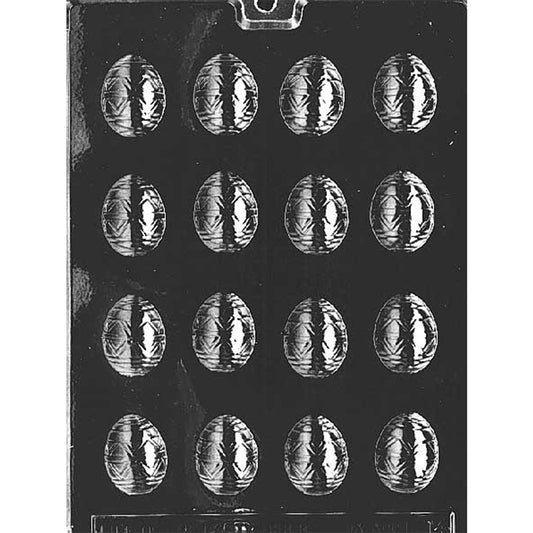 Clear plastic small decorated egg chocolate mold shown on a black background with multiple egg-shaped cavities featuring embossed line patterns and textured detailing.