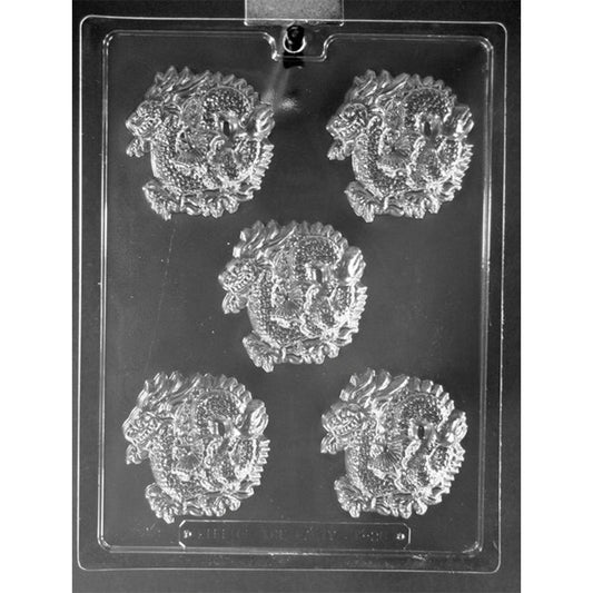 Clear chocolate mold with five curled dragon-shaped cavities featuring raised heads, wings, scaled bodies, and coiled tails.