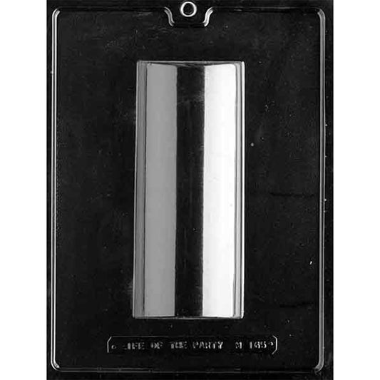 Clear plastic chocolate mold photographed on a dark background with one long domed loaf cavity featuring smooth sides and a curved top.