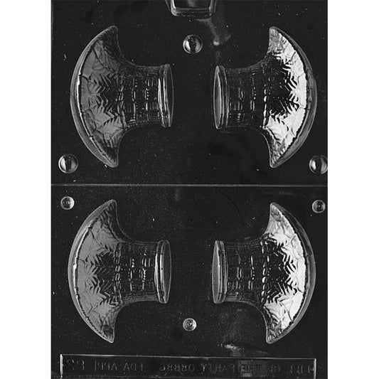 Small fancy basket chocolate mold with four half-basket cavities on a dark plastic tray, featuring flared sides and textured pattern for making hollow decorative chocolate baskets.