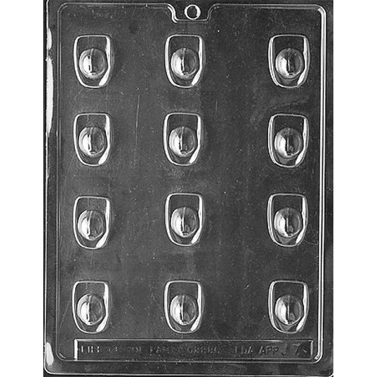 Clear plastic Small Fireman’s Hat Chocolate Mold with 12 deep firefighter helmet cavities arranged in four rows of three