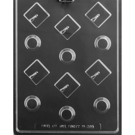 Clear plastic mini 3D graduation cap chocolate mold showing small diamond-shaped cap top cavities and matching round base cavities for assembling mortarboards, on a dark background.