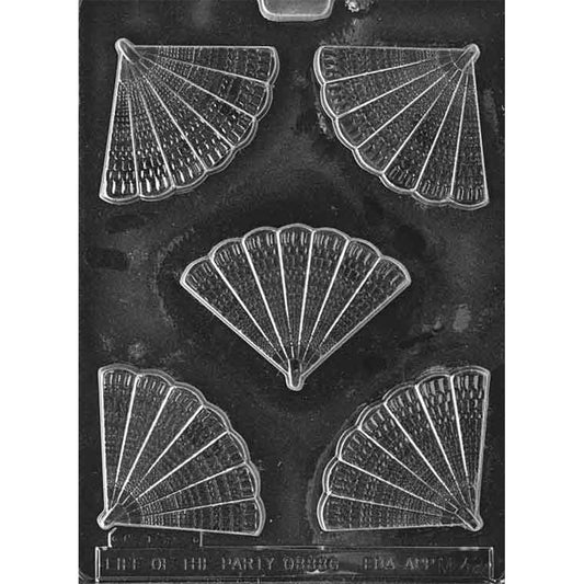 Clear chocolate mold with five folding fan-shaped cavities featuring curved edges, radiating lines, and patterned sections arranged on a dark background.