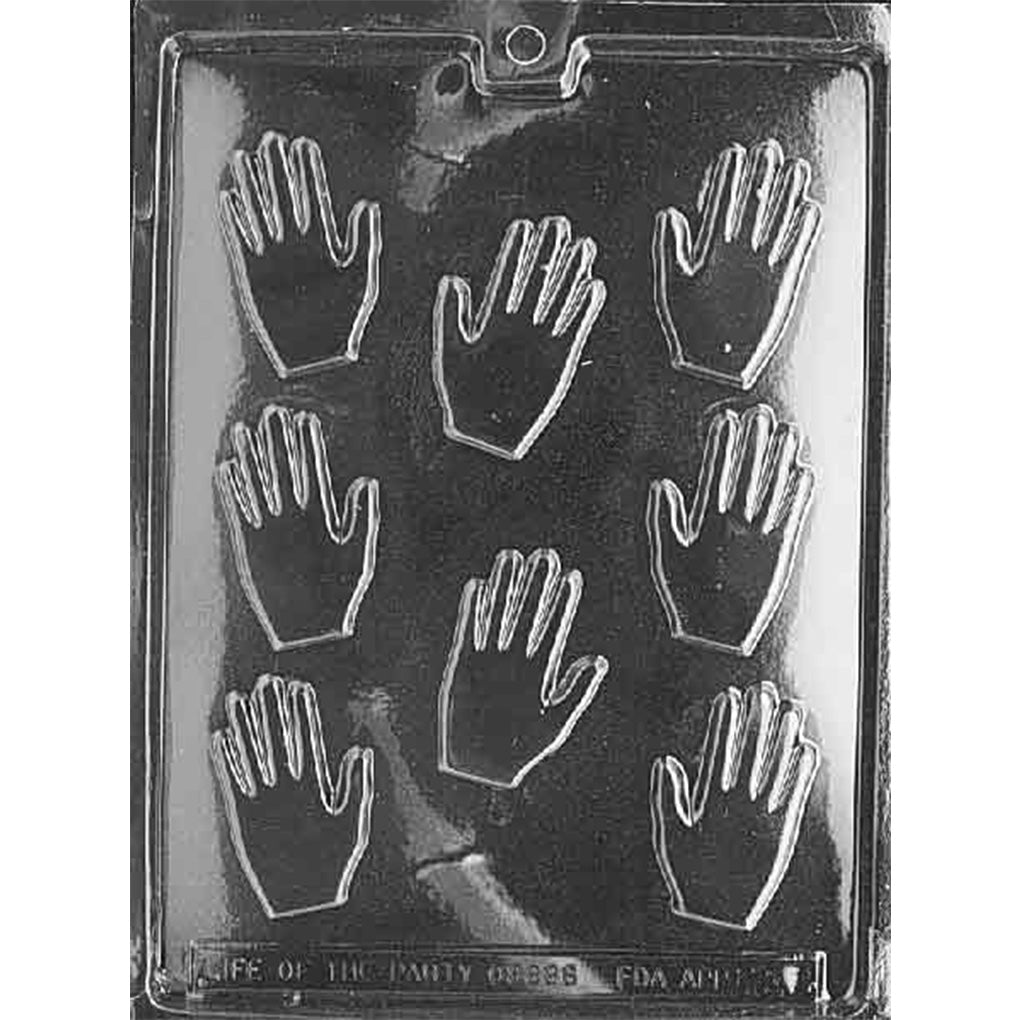 Clear Small Hands Chocolate Mold photographed against a black background with eight open-hand cavities featuring defined fingers and palms.