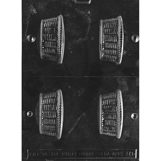 Small basket 3D chocolate mold with four half-basket cavities on a dark plastic tray, each showing a woven basket texture and rounded rim for making hollow chocolate baskets.