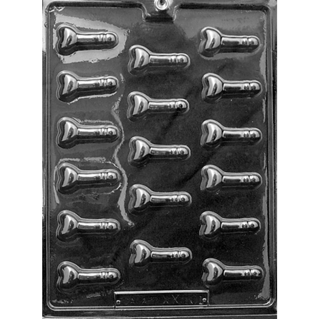 Clear plastic Small Penis Chocolate Mold photographed against a dark background, featuring 17 small penis-shaped candy cavities arranged in rows with molded anatomical details.
