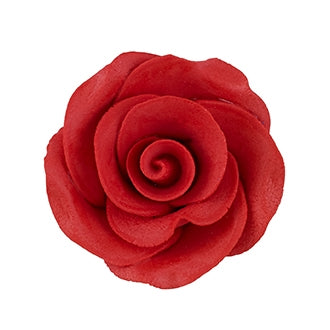 Red gum paste roses with wired stems, 1 inch wide. Pack of 6 for floral cake designs, weddings, and elegant dessert decorating.