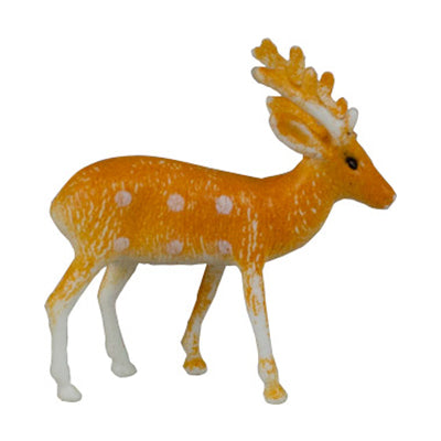 cake topper decoration model of a spotted deer with orange body, white legs, and antlers, standing on a plain white background.