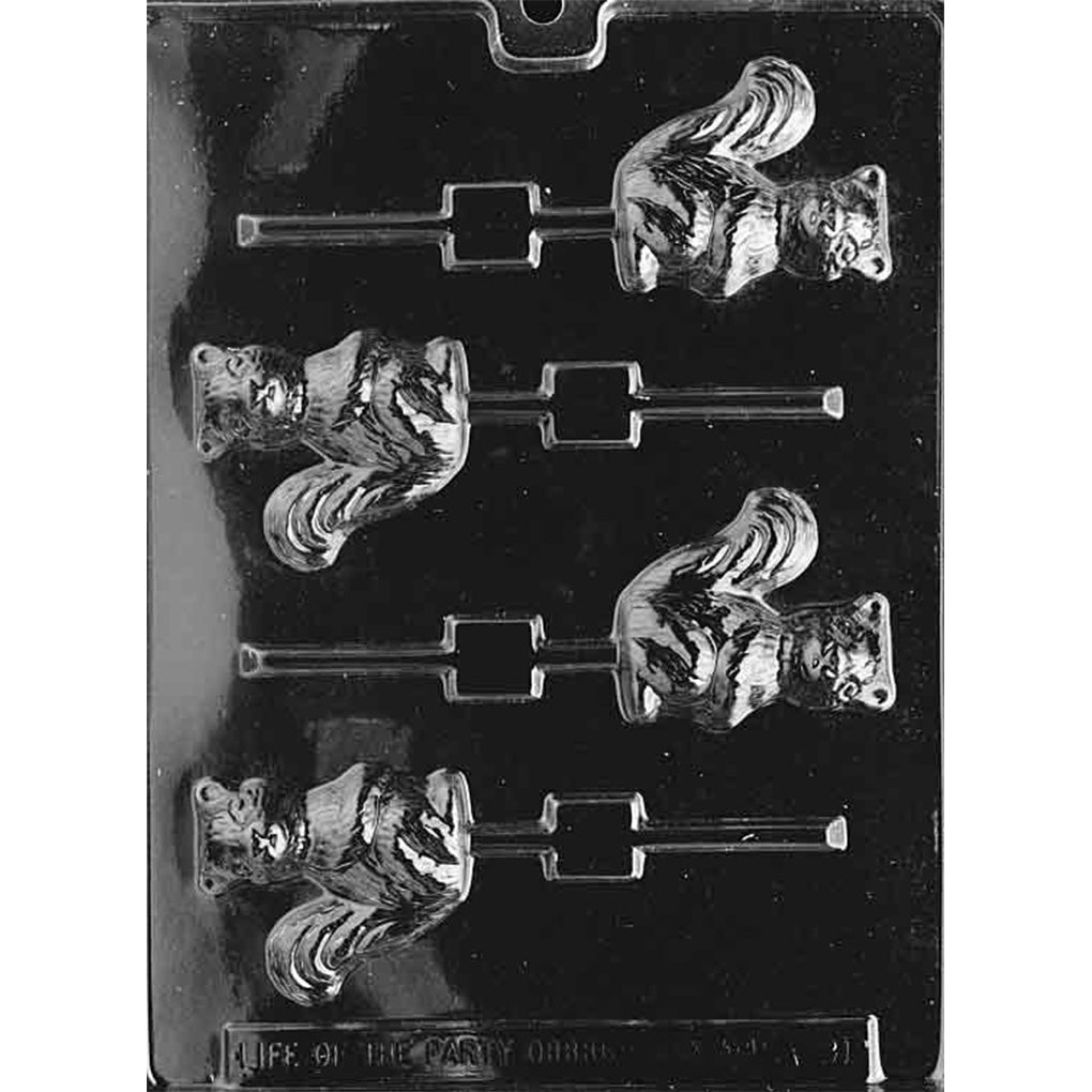 Clear plastic small squirrel chocolate lollipop mold with four squirrel-shaped cavities featuring curled tail detailing and stick channels, on a dark background.