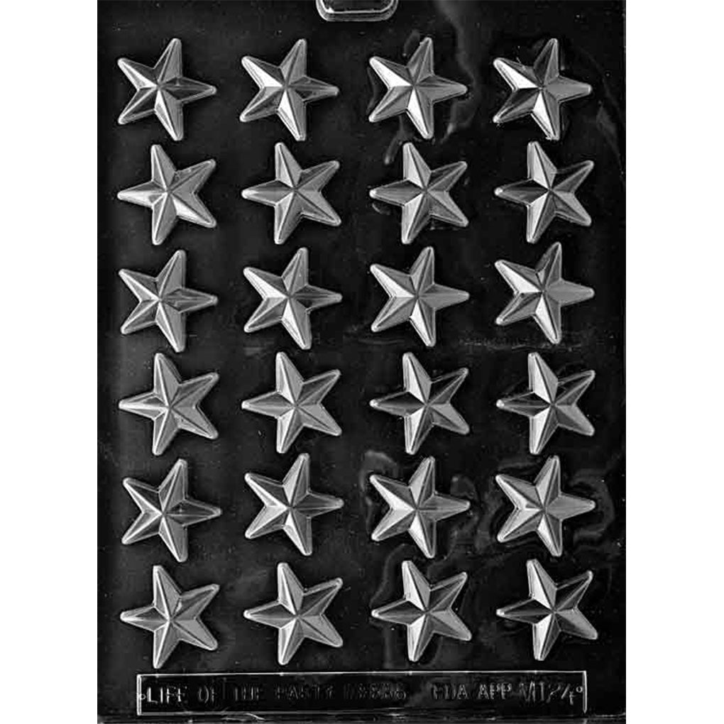 Clear plastic chocolate mold with 24 small five-point star cavities featuring faceted surfaces for making tiny star-shaped chocolates.