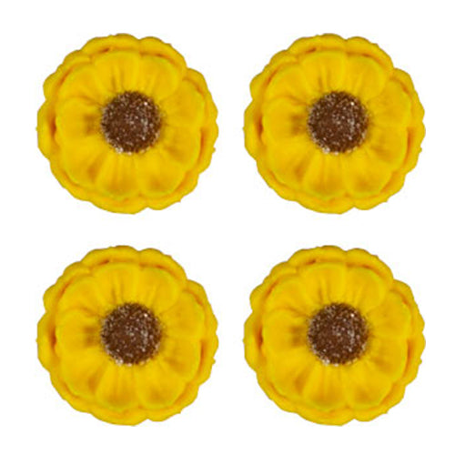 Set of four royal icing sunflower decorations with bright yellow layered petals and textured brown centers, each measuring 1 1/8 inch wide. Ideal for topping cakes, cupcakes, or cookies.