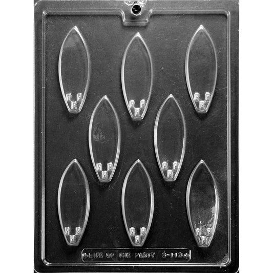 Clear plastic Small Surfboards Chocolate Mold with eight 3 1/4-inch surfboard cavities featuring pointed noses, curved sides, and three-fin tails