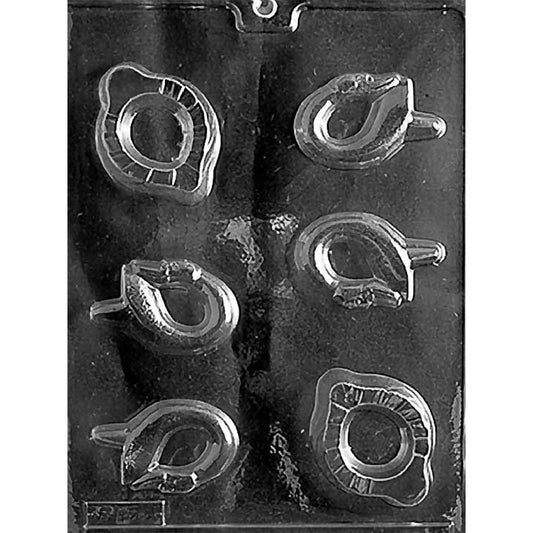 Clear chocolate mold with six small swan-shaped cavities for making two-piece swan pour boxes with matching lids and bases.