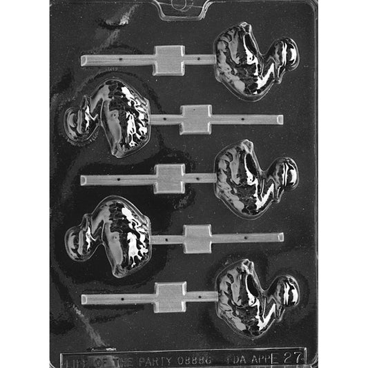Clear plastic chocolate lollipop mold with swimming duckling cavities, showing a side-profile duck with textured feather detail and built-in stick slots on a dark background.