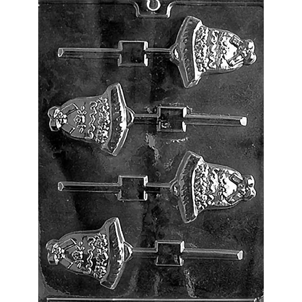 Black plastic chocolate lollipop mold with four bell-shaped cavities featuring raised decorative patterns and stick channels for making small wedding bell chocolate pops.