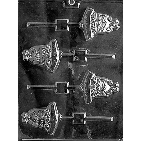 Black plastic chocolate lollipop mold with four bell-shaped cavities featuring raised decorative patterns and stick channels for making small wedding bell chocolate pops.
