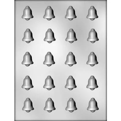 Christmas Bells chocolate mold with 20 cavities, each producing bite-sized bell-shaped chocolates measuring 1 1/8" x 3/8". Ideal for holiday treats.