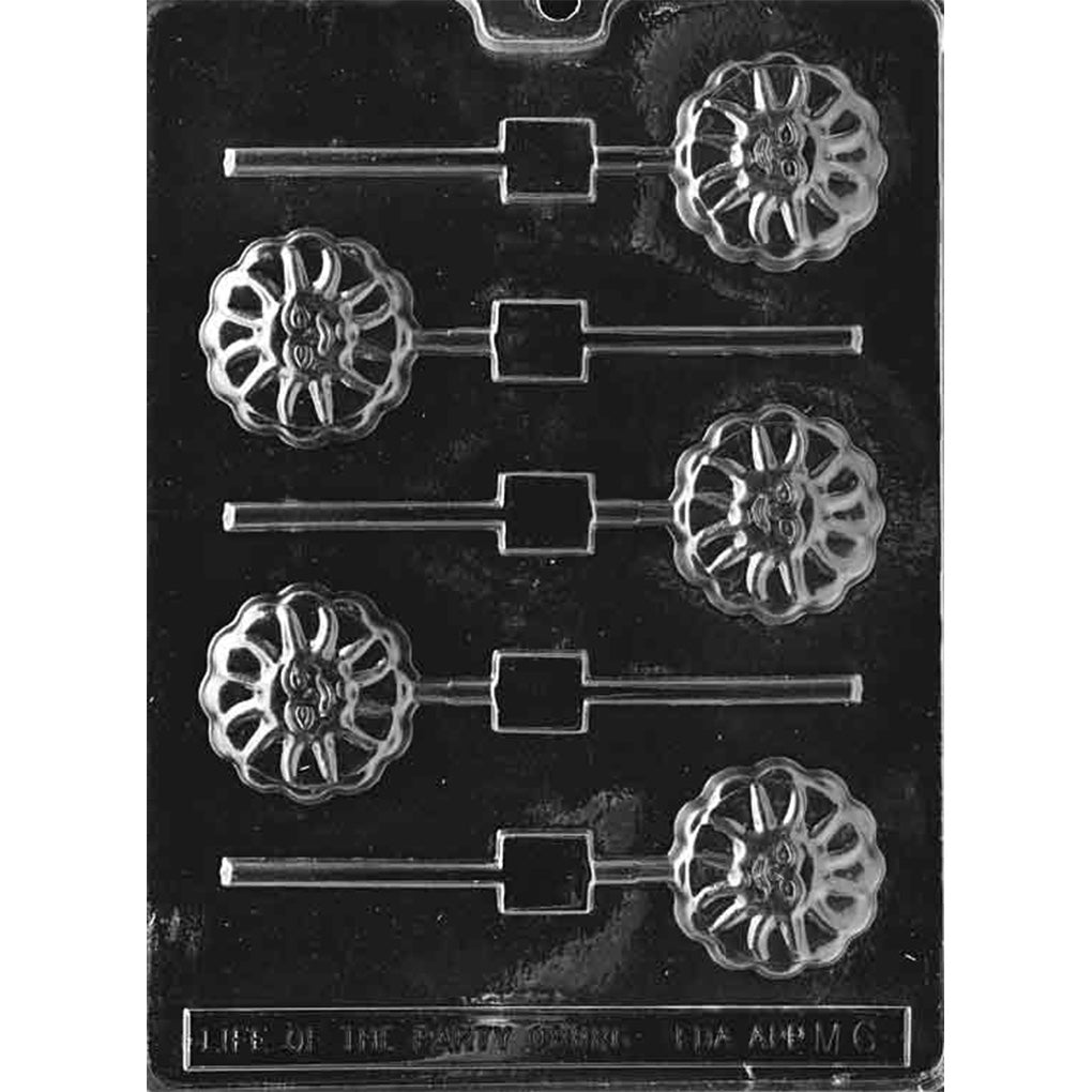 Chocolate lollipop mold with five round smiling sunshine cavities featuring curved sunburst rays and alternating horizontal stick channels.